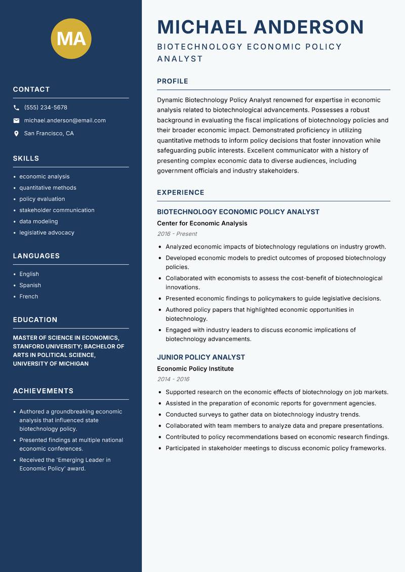 Biotechnology Policy Analyst resume template — Classic Clean