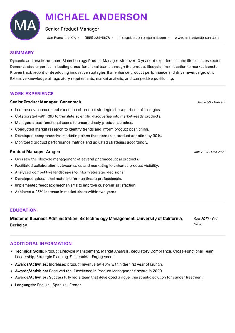 Biotechnology Product Manager resume example — ATS-friendly template