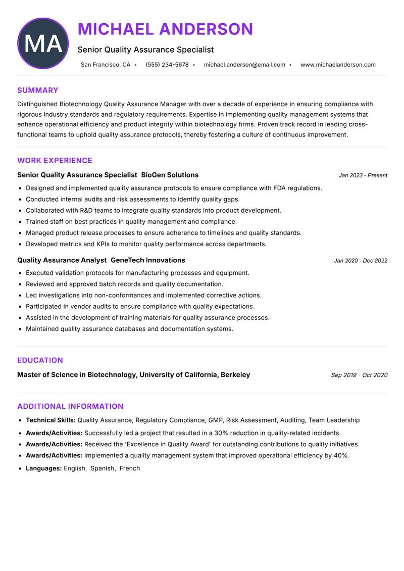 Biotechnology Quality Assurance Manager resume example — ATS-friendly template