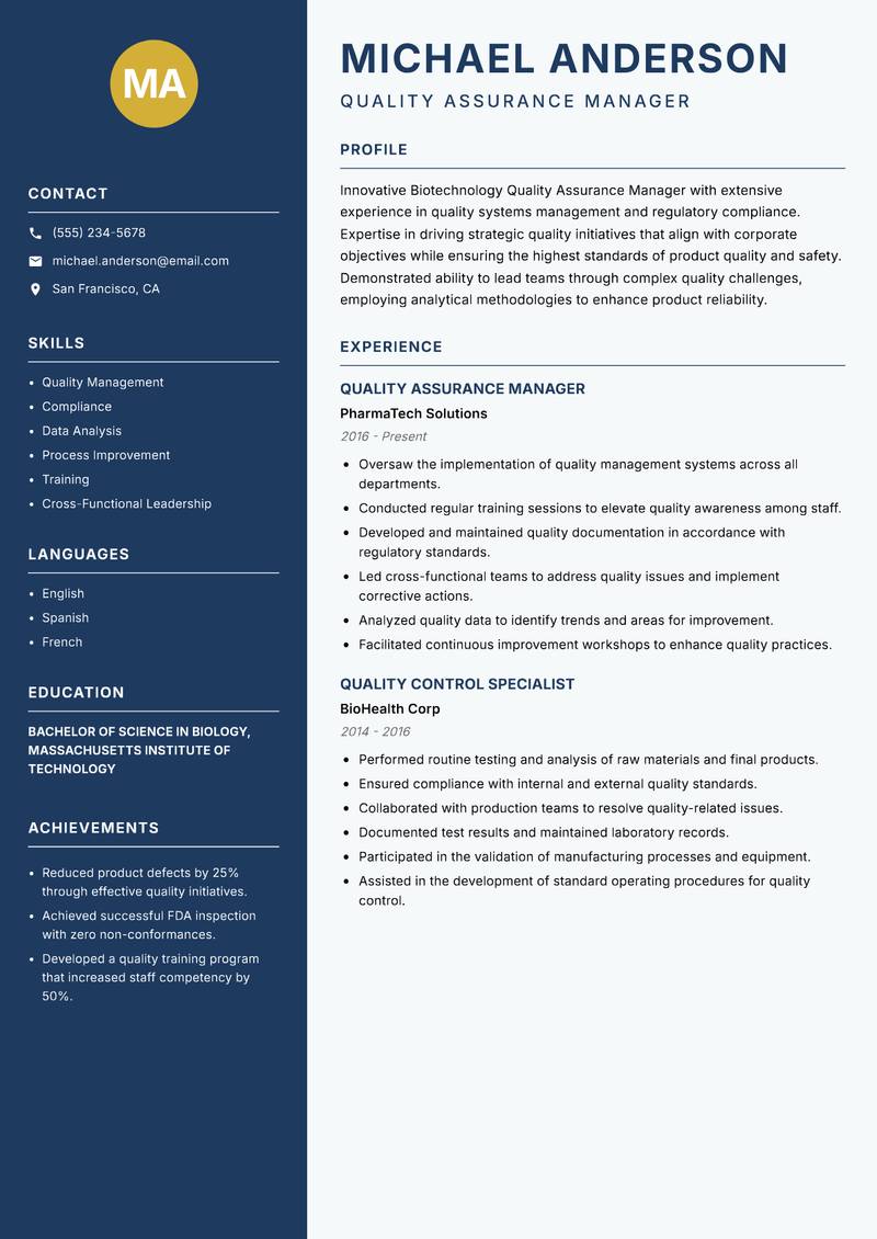 Biotechnology Quality Assurance Manager resume template — Classic Clean
