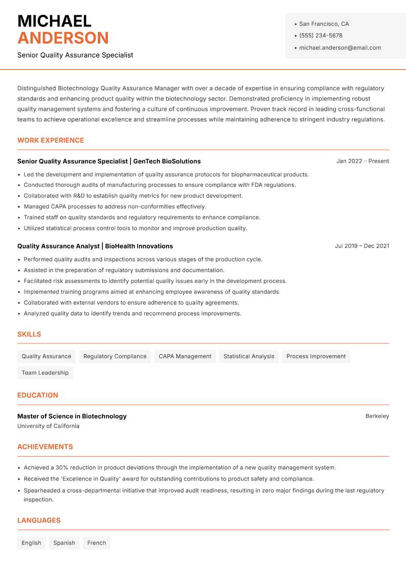 Biotechnology Quality Assurance Manager resume template — Modern Professional