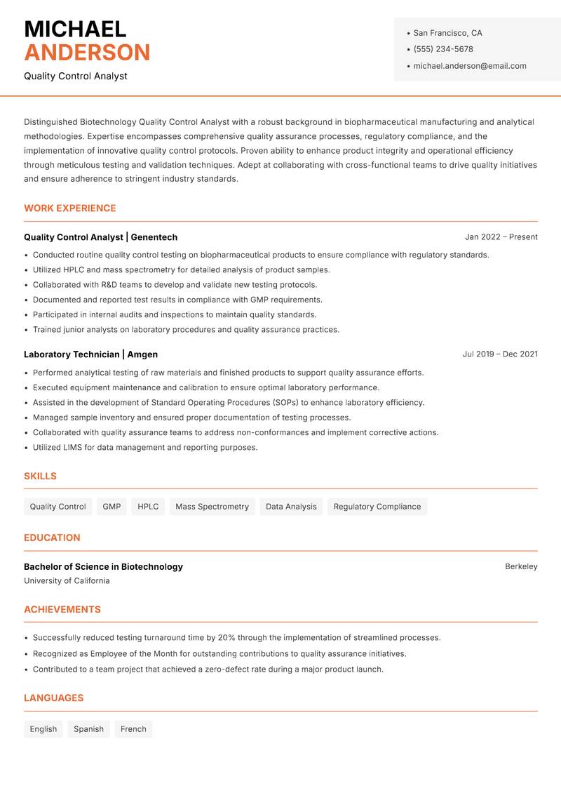Biotechnology Quality Control Analyst resume template — Modern Professional