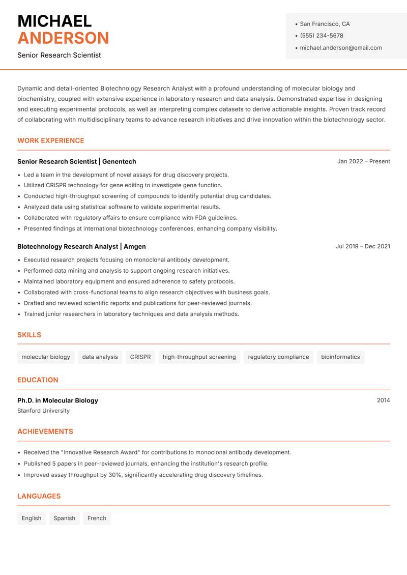 Biotechnology Research Analyst resume template — Modern Professional