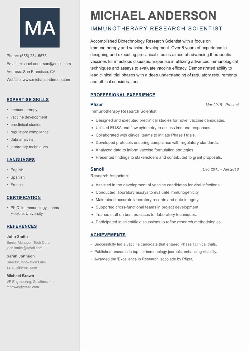 Biotechnology Research Scientist resume template — Creative Minimal