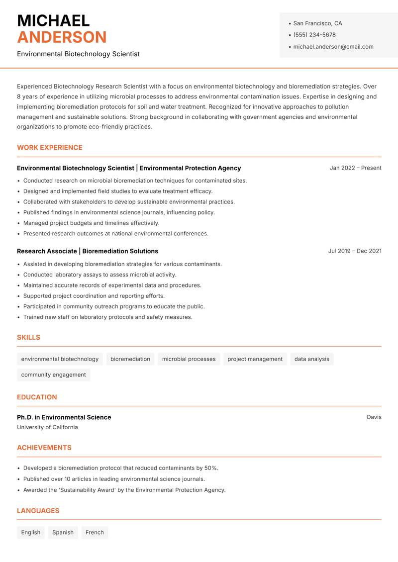 Biotechnology Research Scientist resume template — Modern Professional
