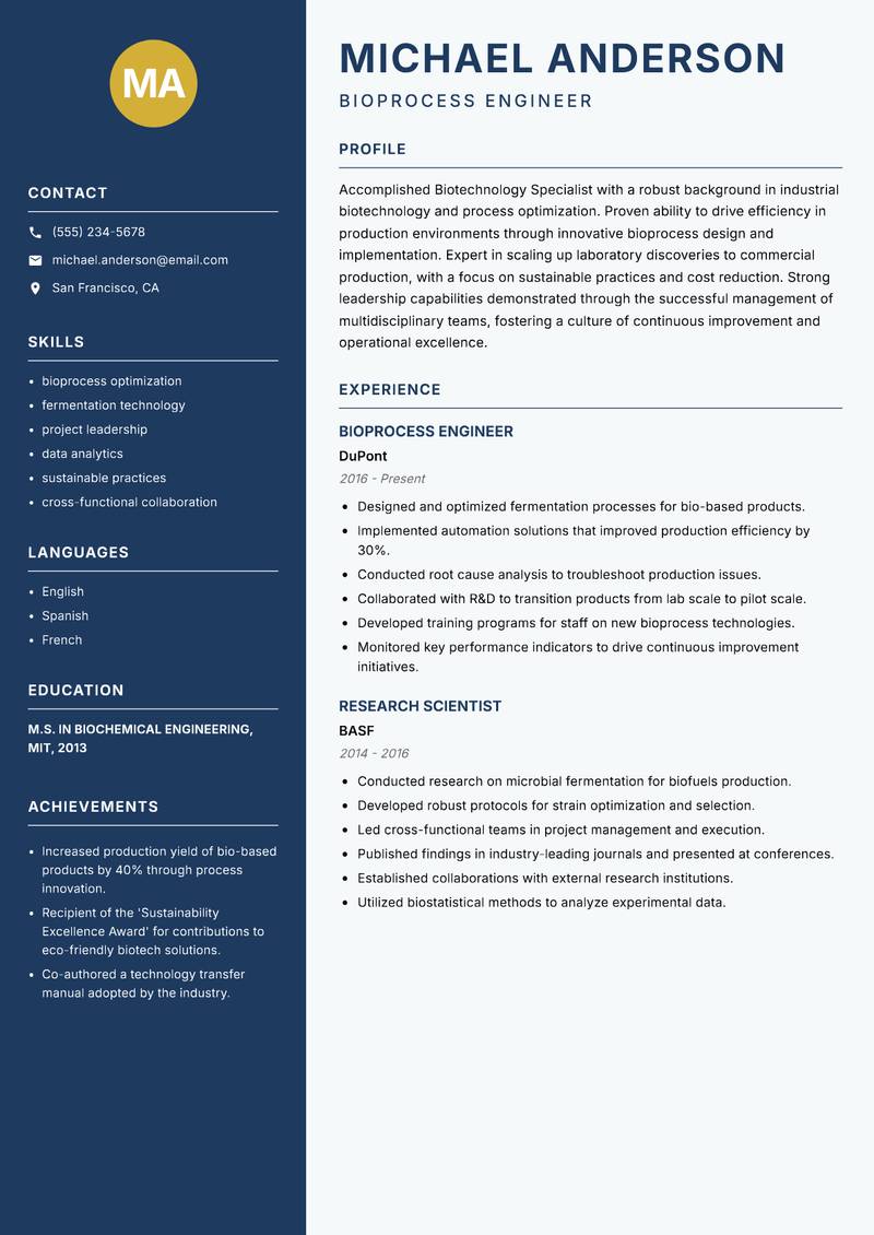 Biotechnology Specialist resume template — Classic Clean