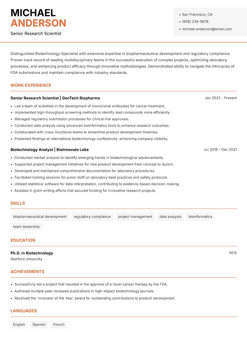 Biotechnology Specialist resume template — Modern Professional