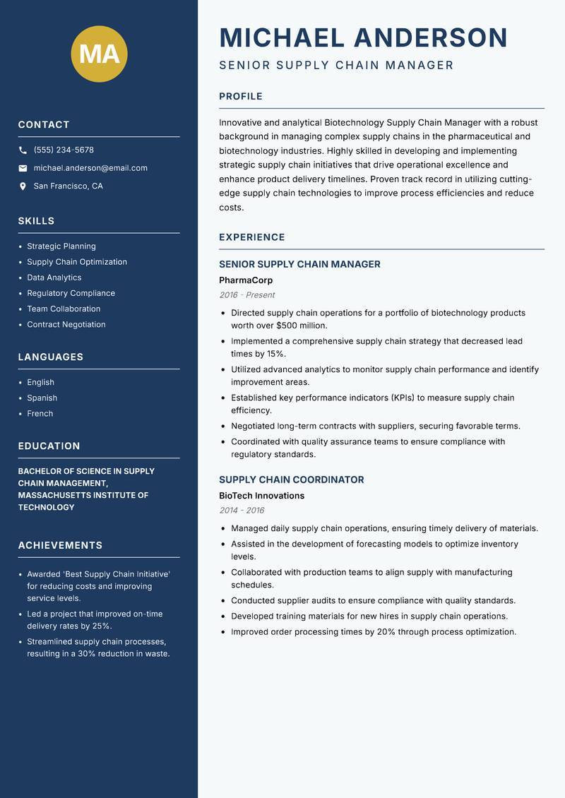 Biotechnology Supply Chain Manager resume template — Classic Clean