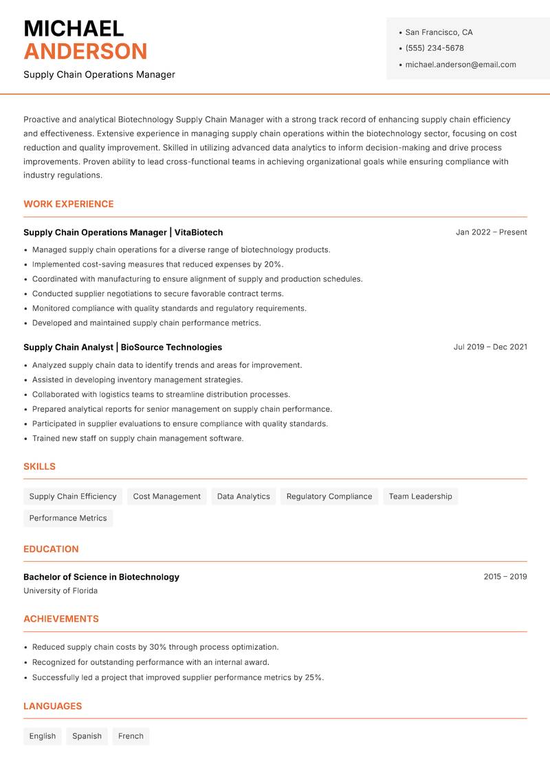 Biotechnology Supply Chain Manager resume template — Modern Professional