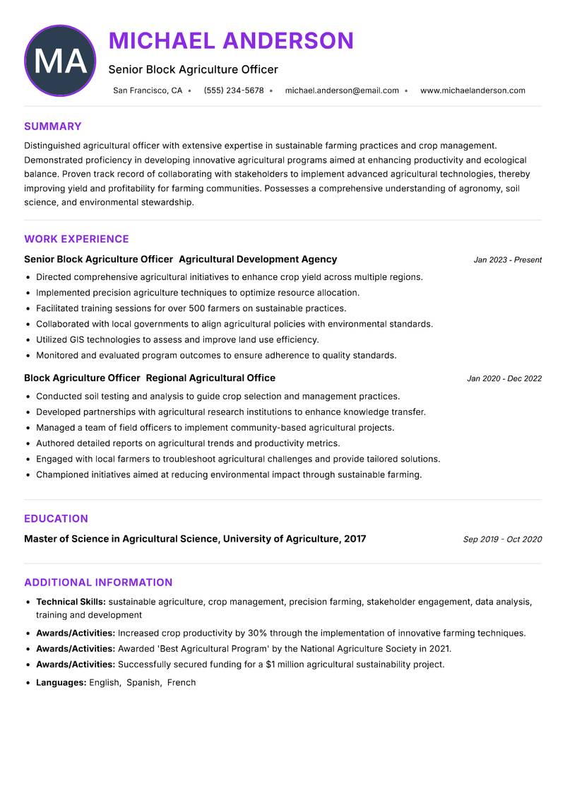 Block Agriculture Officer resume example — ATS-friendly template