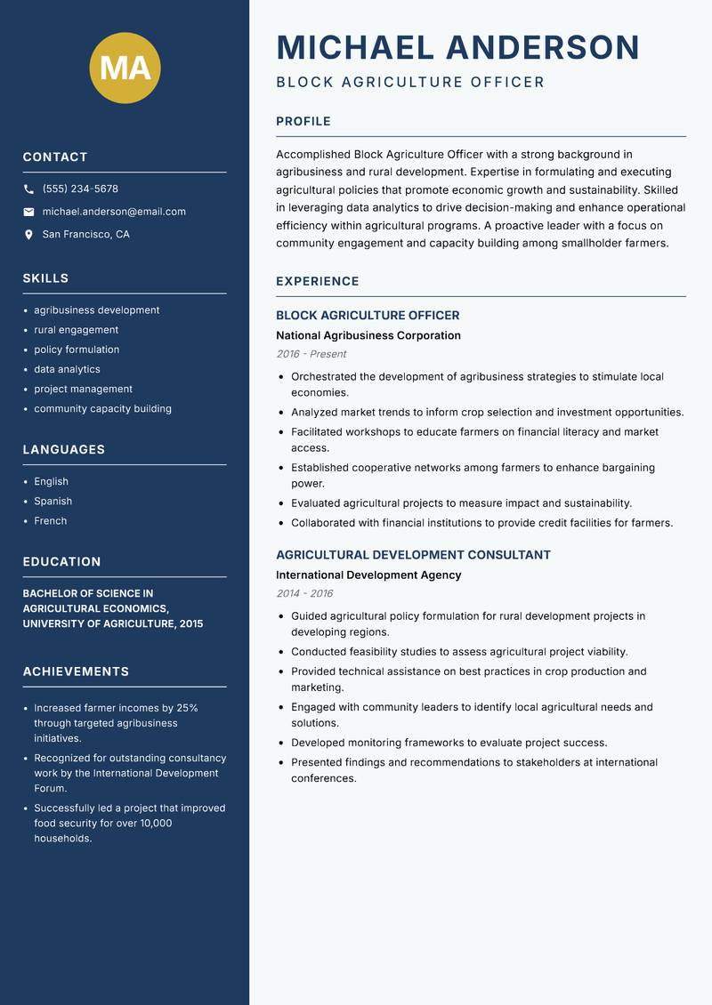 Block Agriculture Officer resume template — Classic Clean
