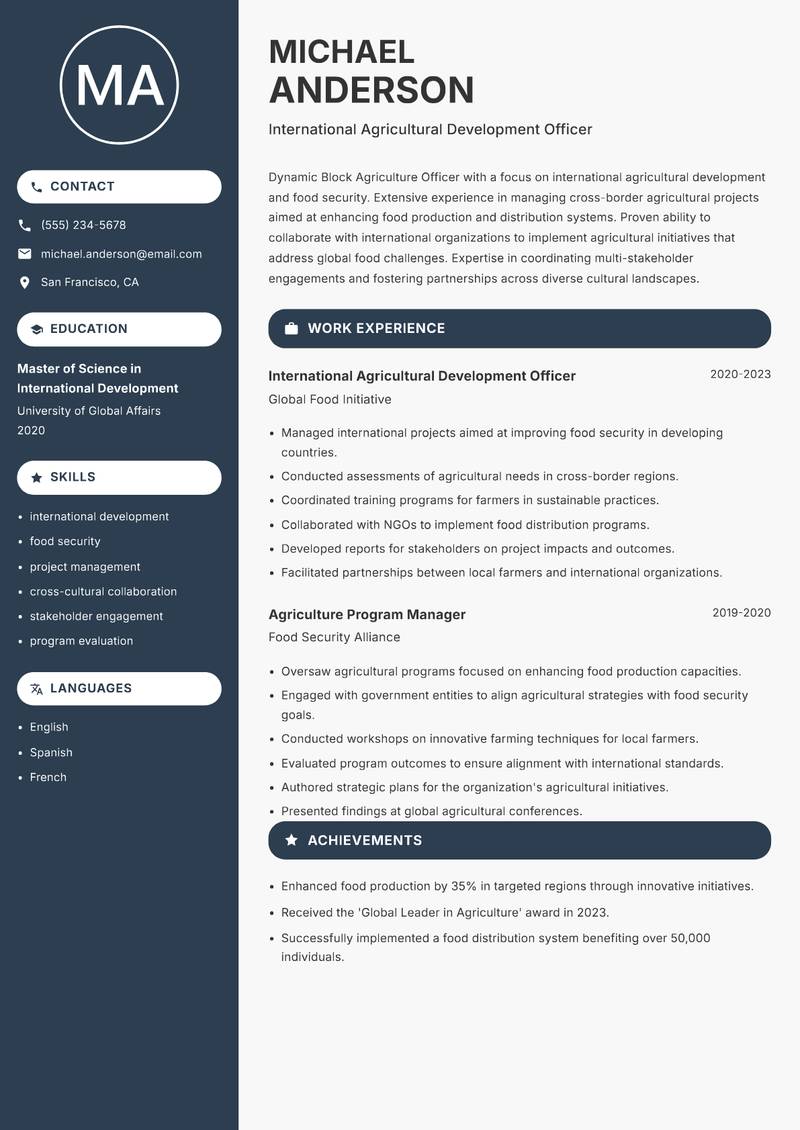 Block Agriculture Officer resume template — Compact