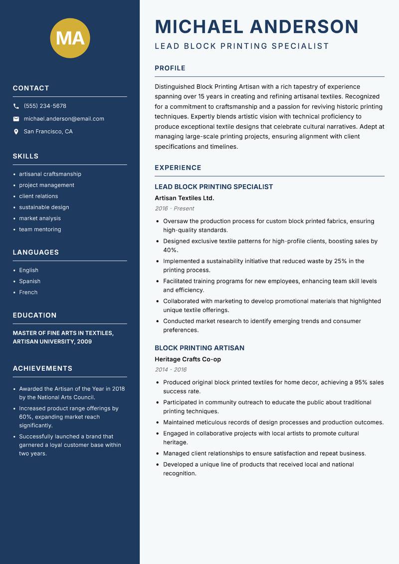 Block Printing Artisan resume template — Classic Clean