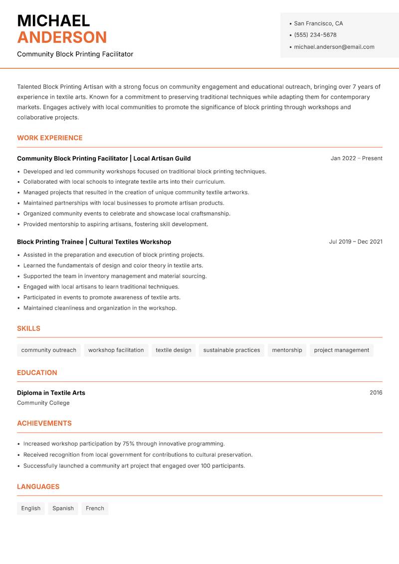 Block Printing Artisan resume template — Modern Professional