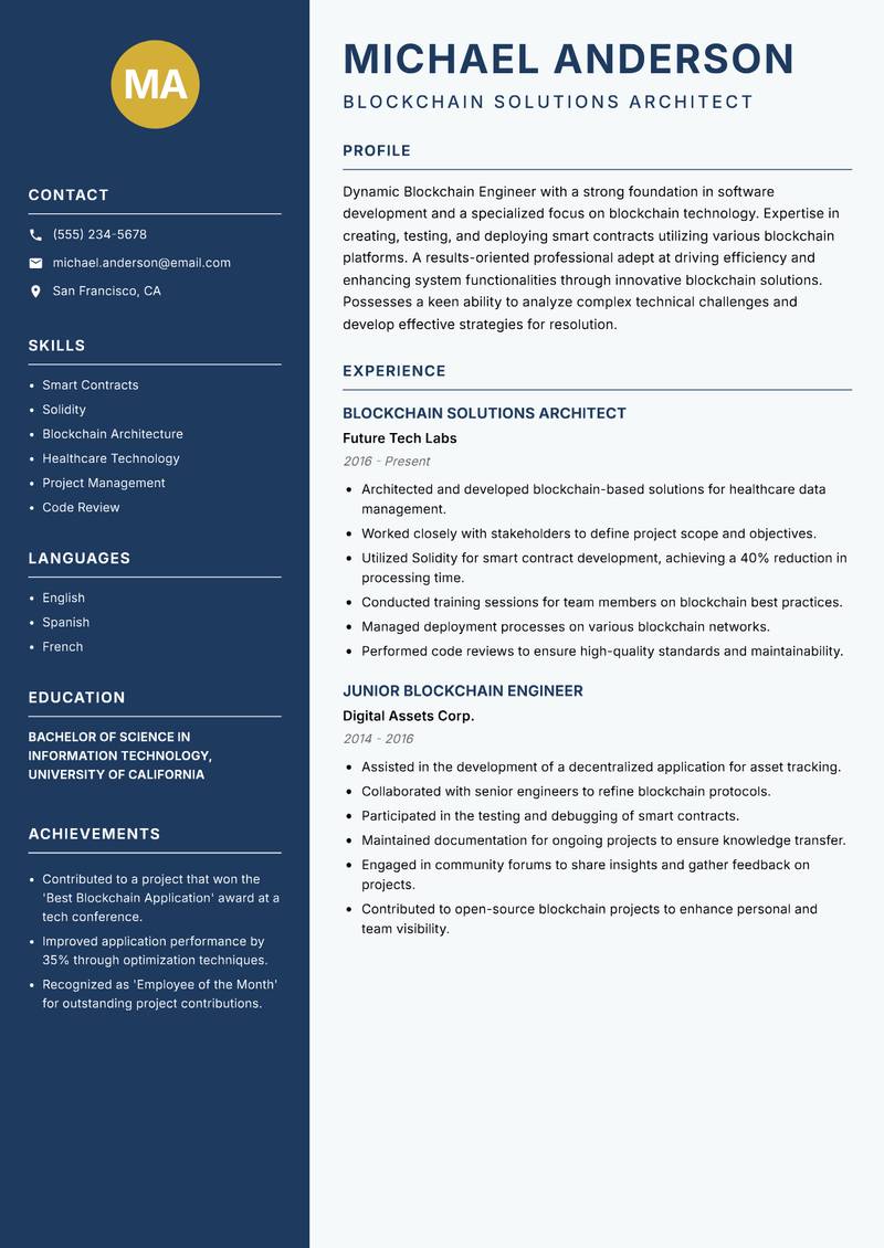 Blockchain Engineer resume template — Classic Clean