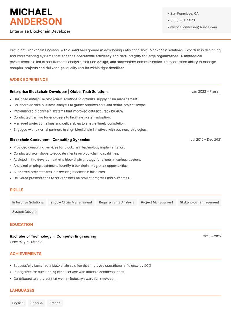Blockchain Engineer resume template — Modern Professional