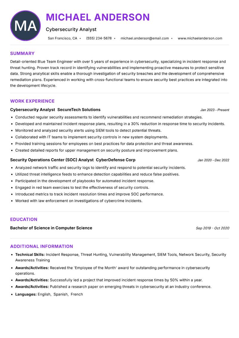 Blue Team Engineer resume example — Cybersecurity