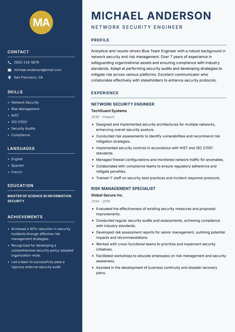 Blue Team Engineer resume template — Classic Clean