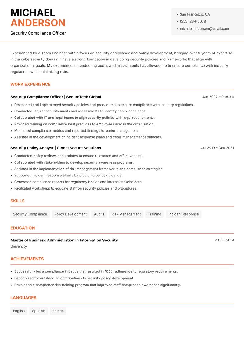 Blue Team Engineer resume template — Modern Professional