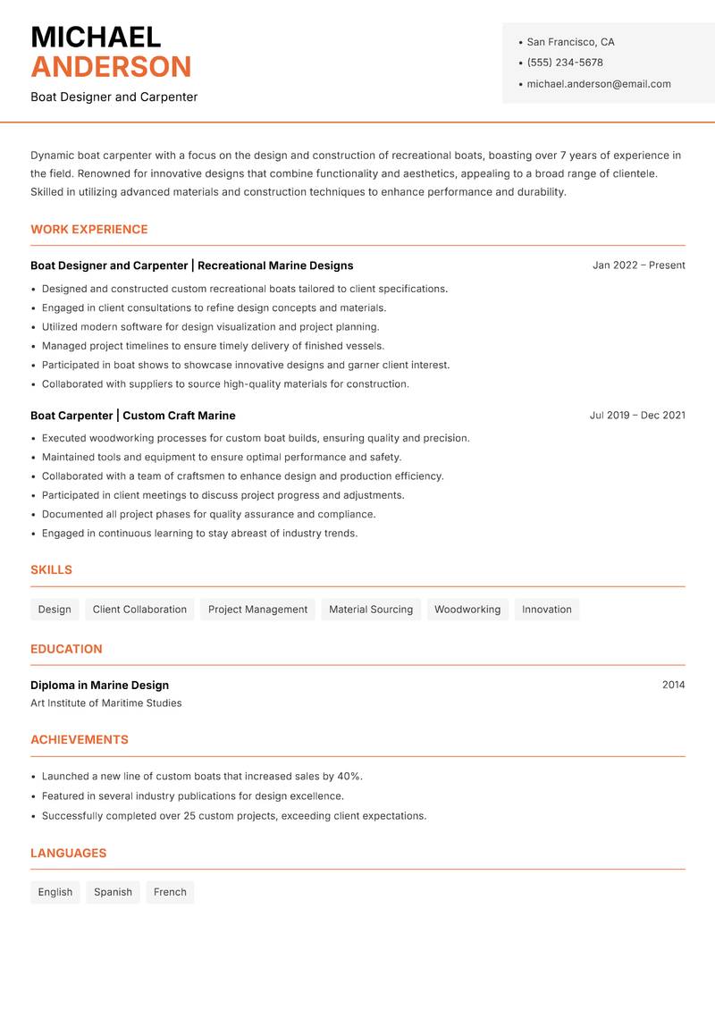 Boat Carpenter resume template — Modern Professional