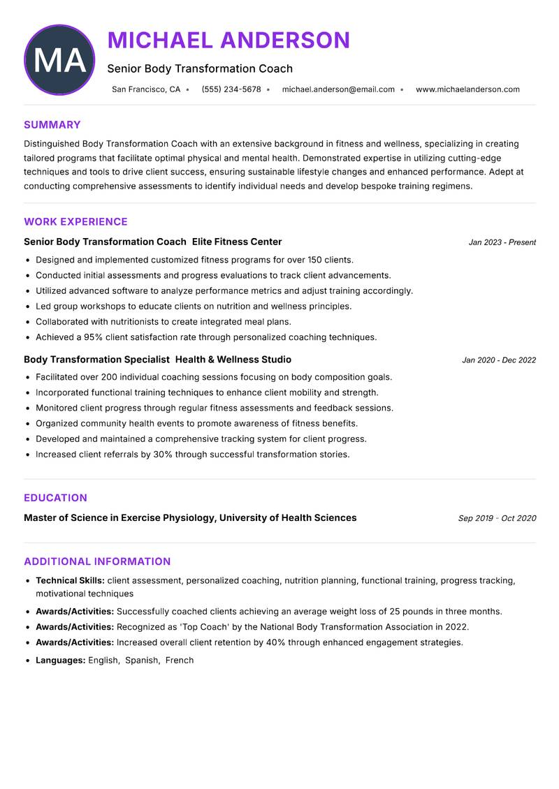 Body Transformation Coach resume example — ATS-friendly template
