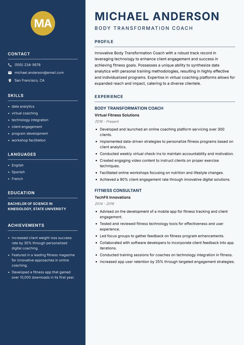 Body Transformation Coach resume template — Classic Clean