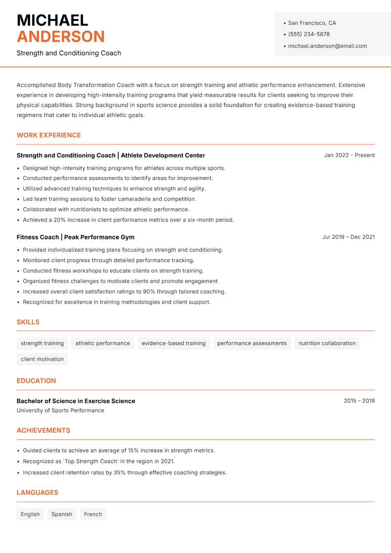 Body Transformation Coach resume template — Modern Professional