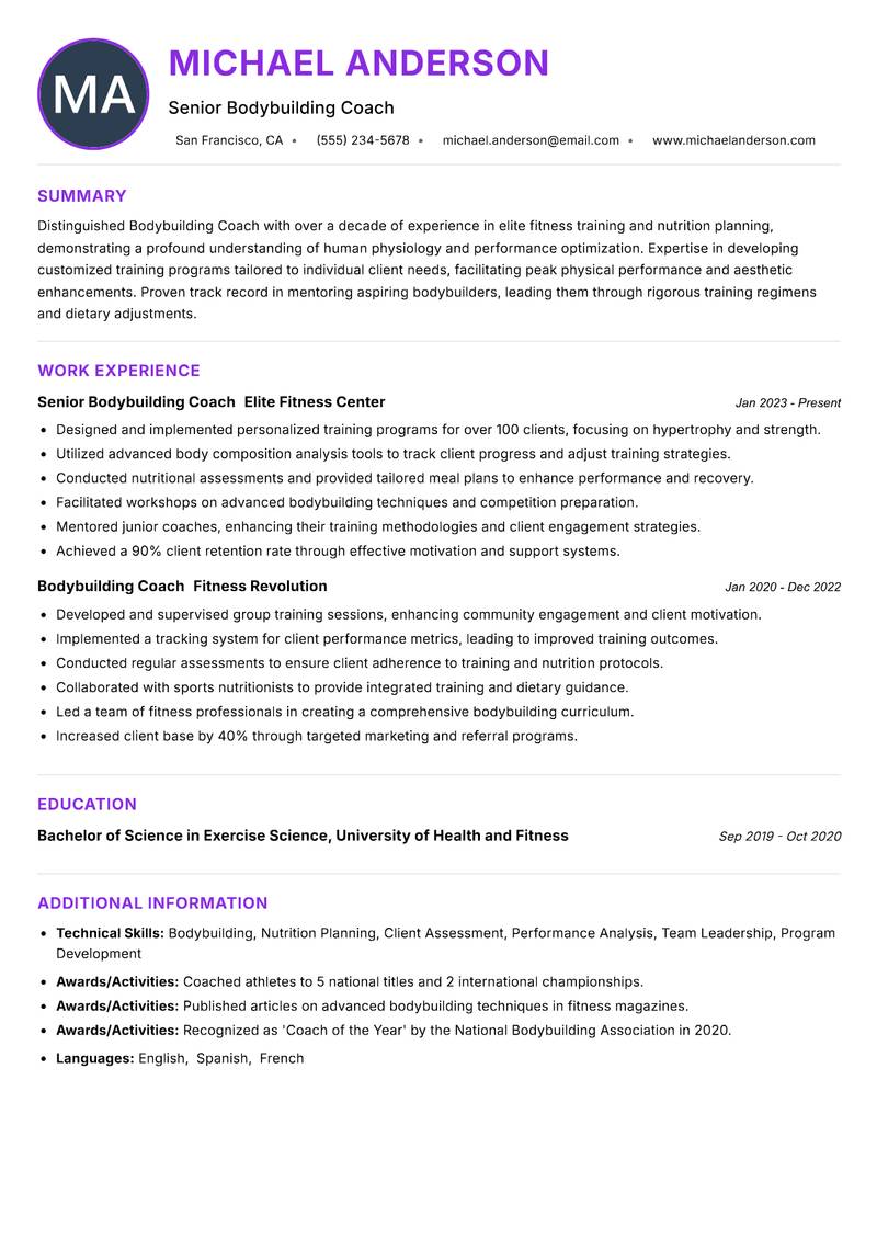 Bodybuilding Coach resume example — ATS-friendly template
