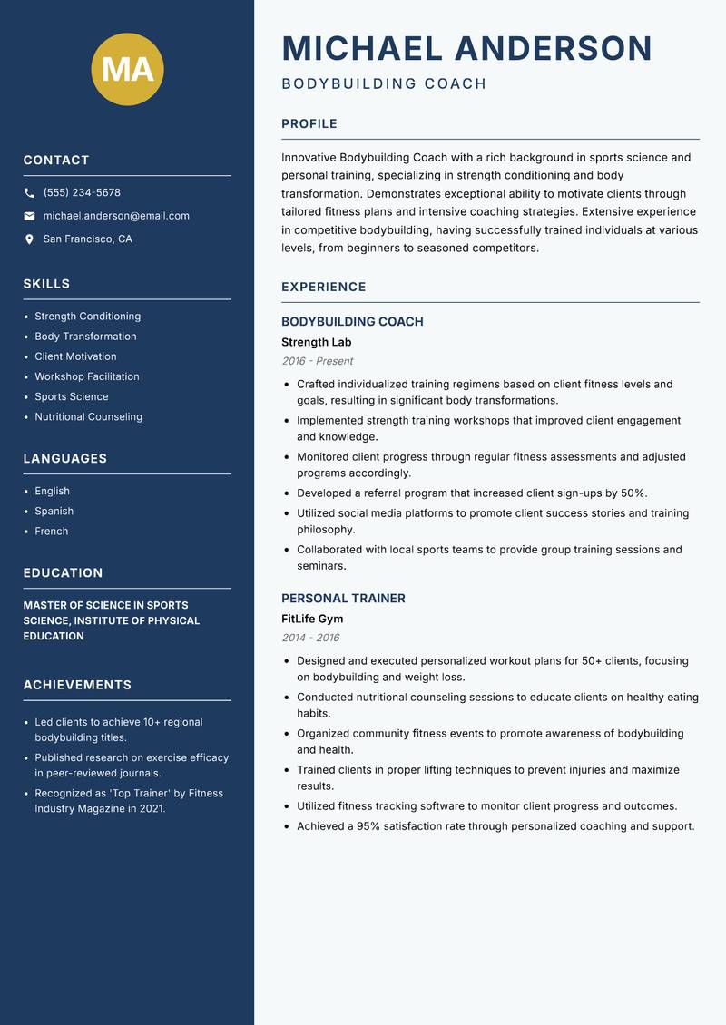 Bodybuilding Coach resume template — Classic Clean