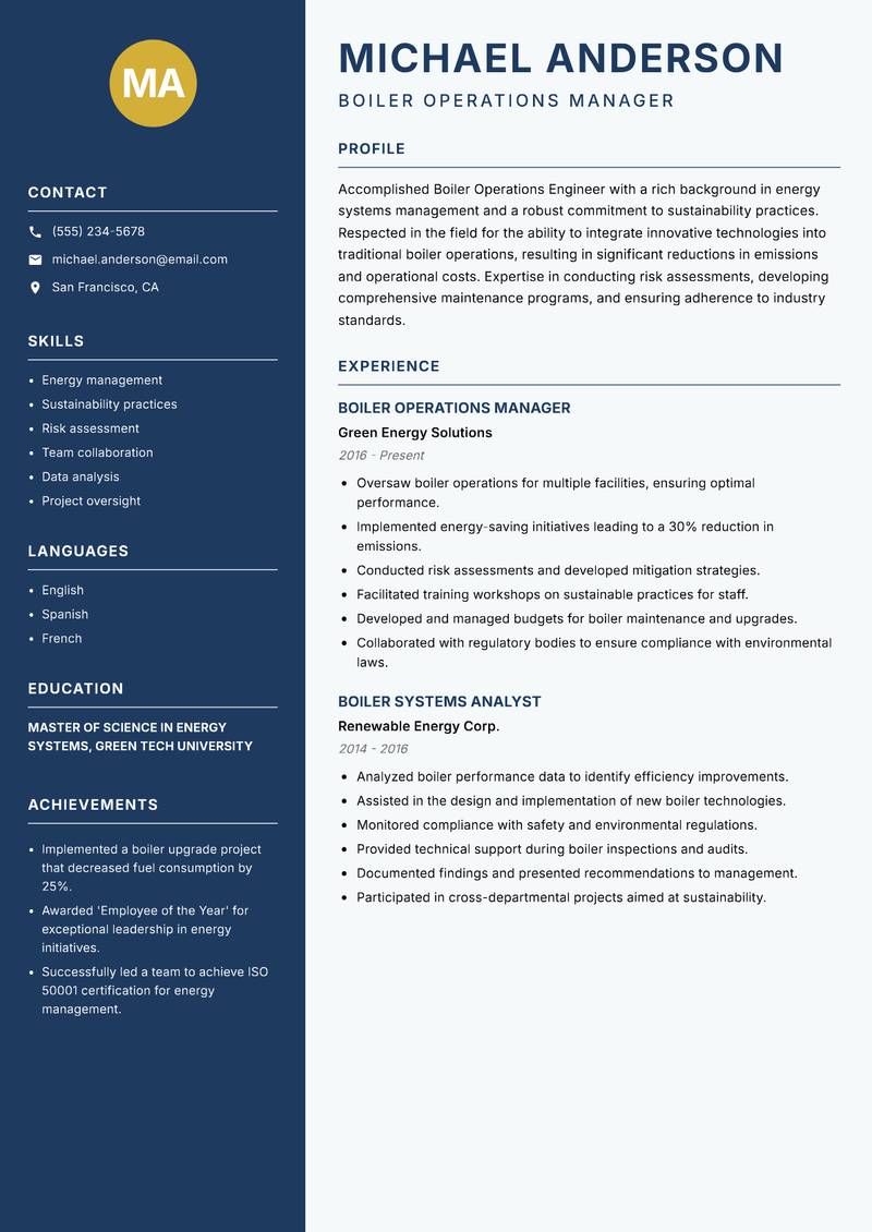 Boiler Operations Engineer resume template — Classic Clean