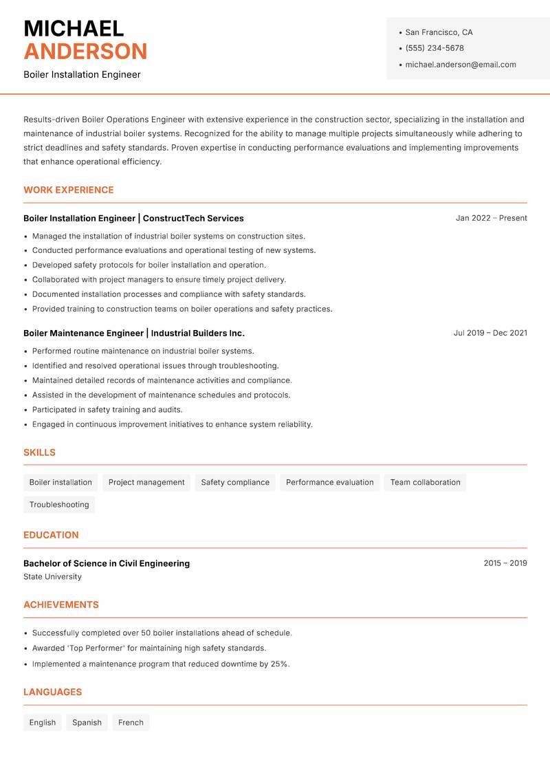 Boiler Operations Engineer resume template — Modern Professional