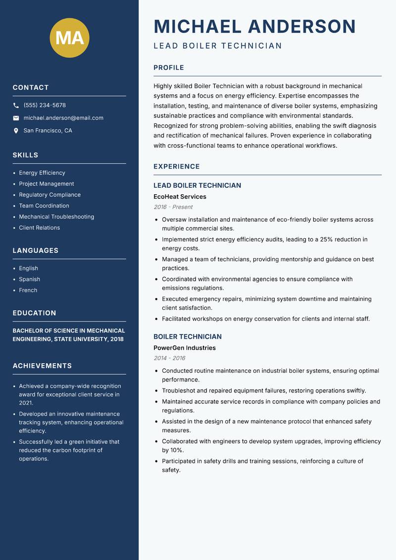 Boiler Technician resume template — Classic Clean