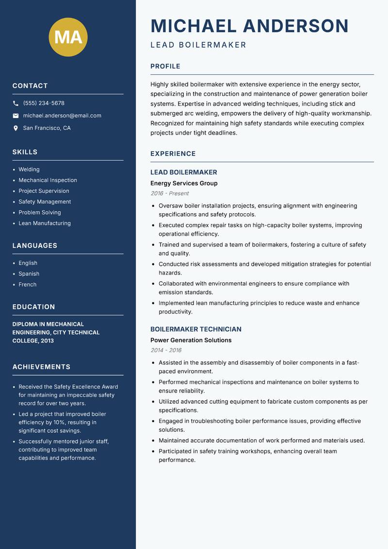 Boilermaker resume template — Classic Clean