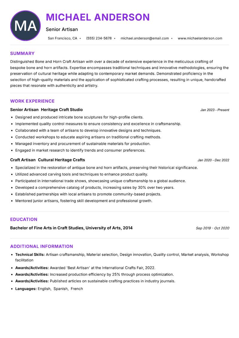 Bone and Horn Craft Artisan resume example — ATS-friendly template