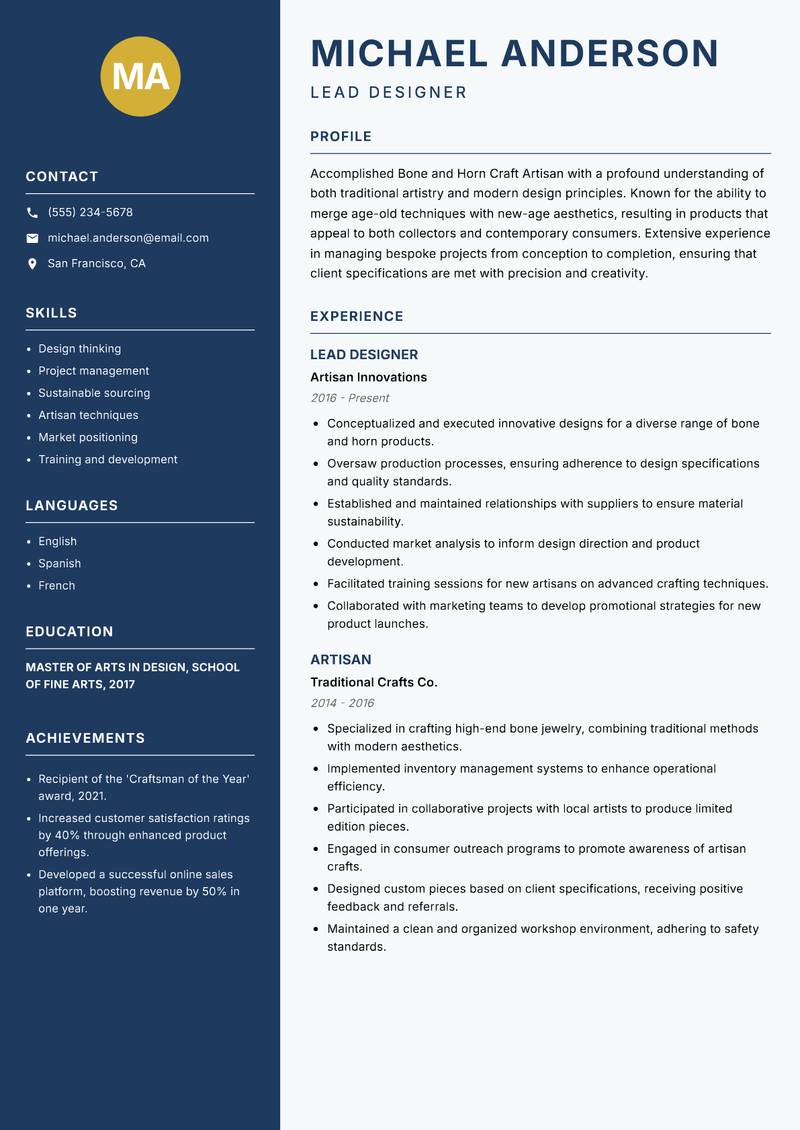 Bone and Horn Craft Artisan resume template — Classic Clean