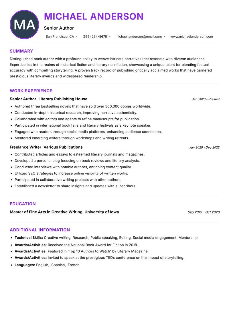 Book Author resume example — ATS-friendly template