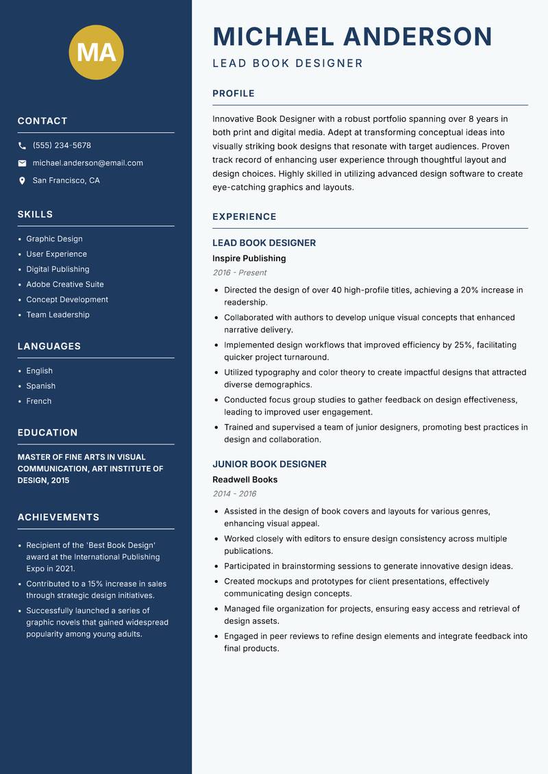 Book Designer resume template — Classic Clean