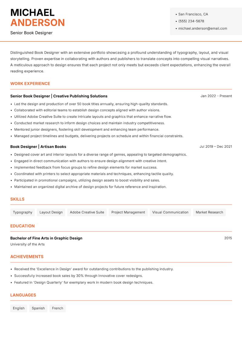 Book Designer resume template — Modern Professional