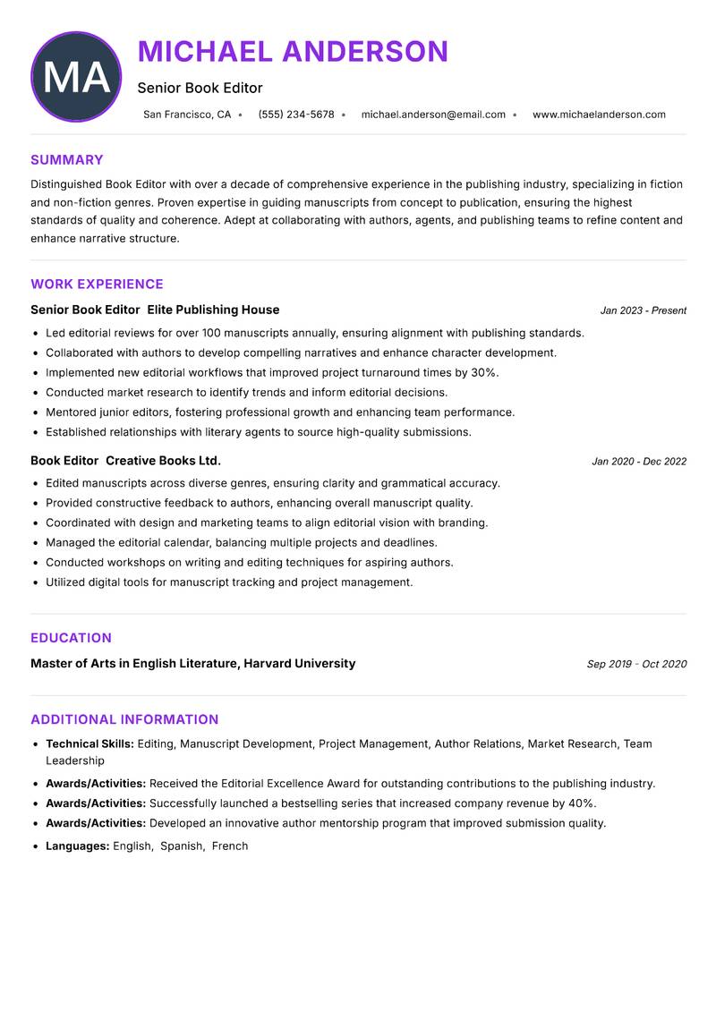 Book Editor resume example — ATS-friendly template