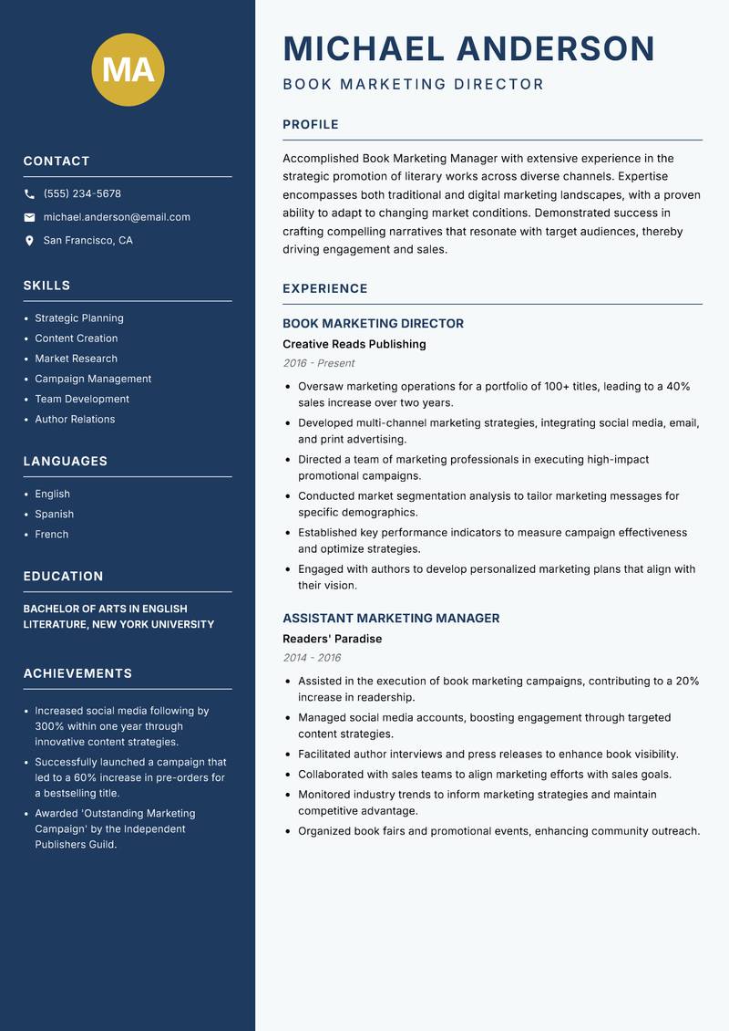 Book Marketing Manager resume template — Classic Clean