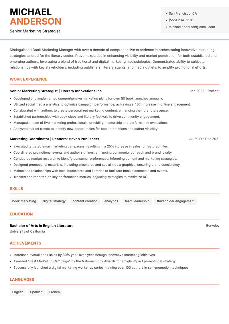 Book Marketing Manager resume template — Modern Professional