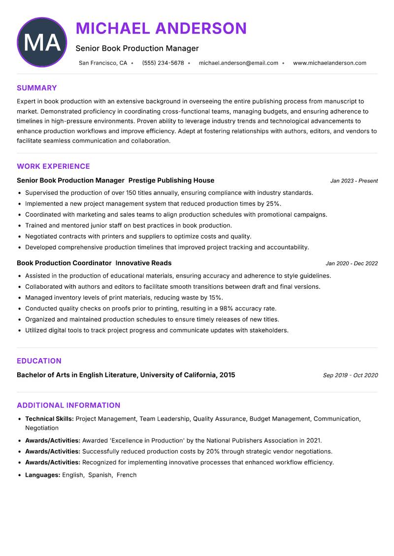 Book Production Specialist resume example — ATS-friendly template