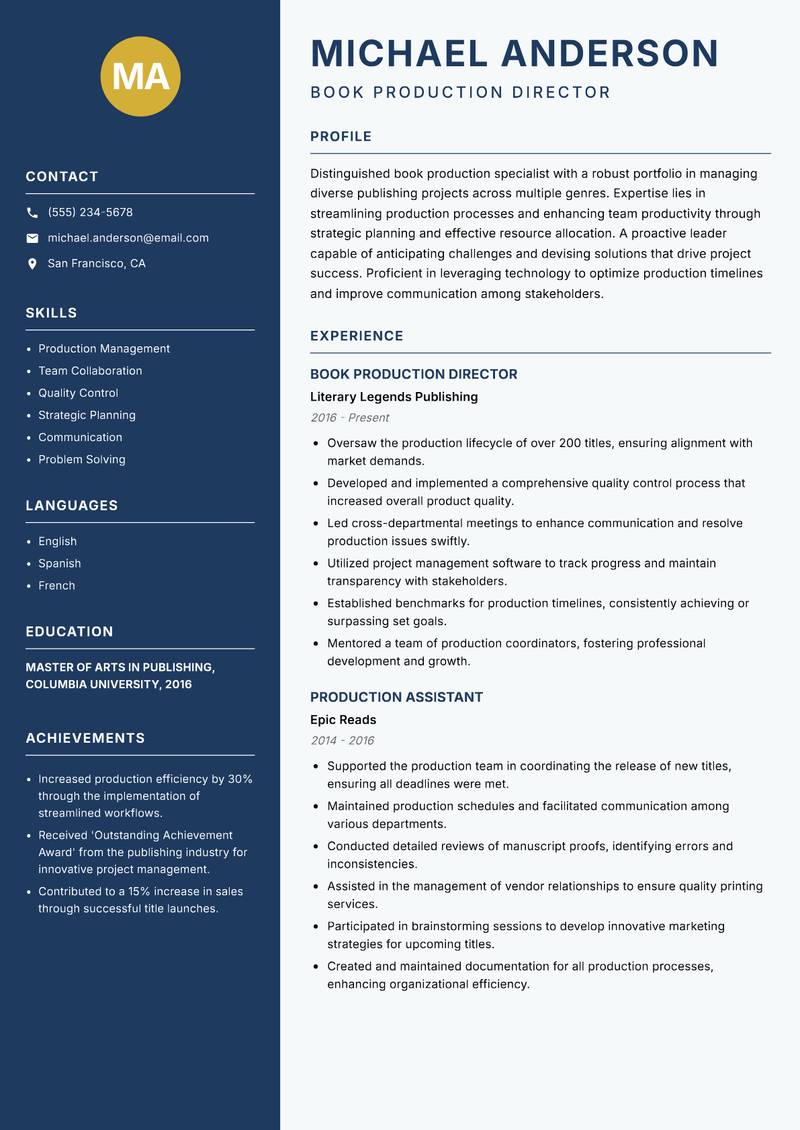 Book Production Specialist resume template — Classic Clean