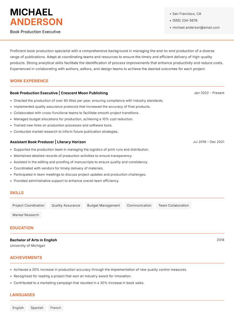 Book Production Specialist resume template — Modern Professional