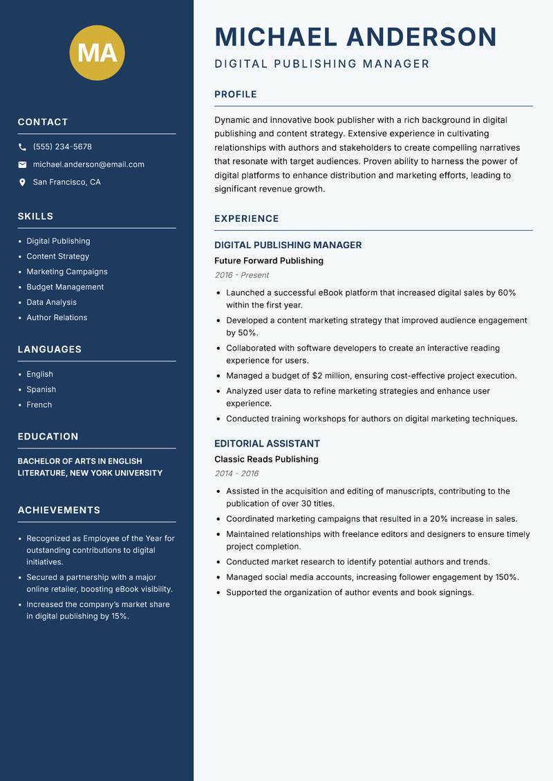 Book Publisher resume template — Classic Clean