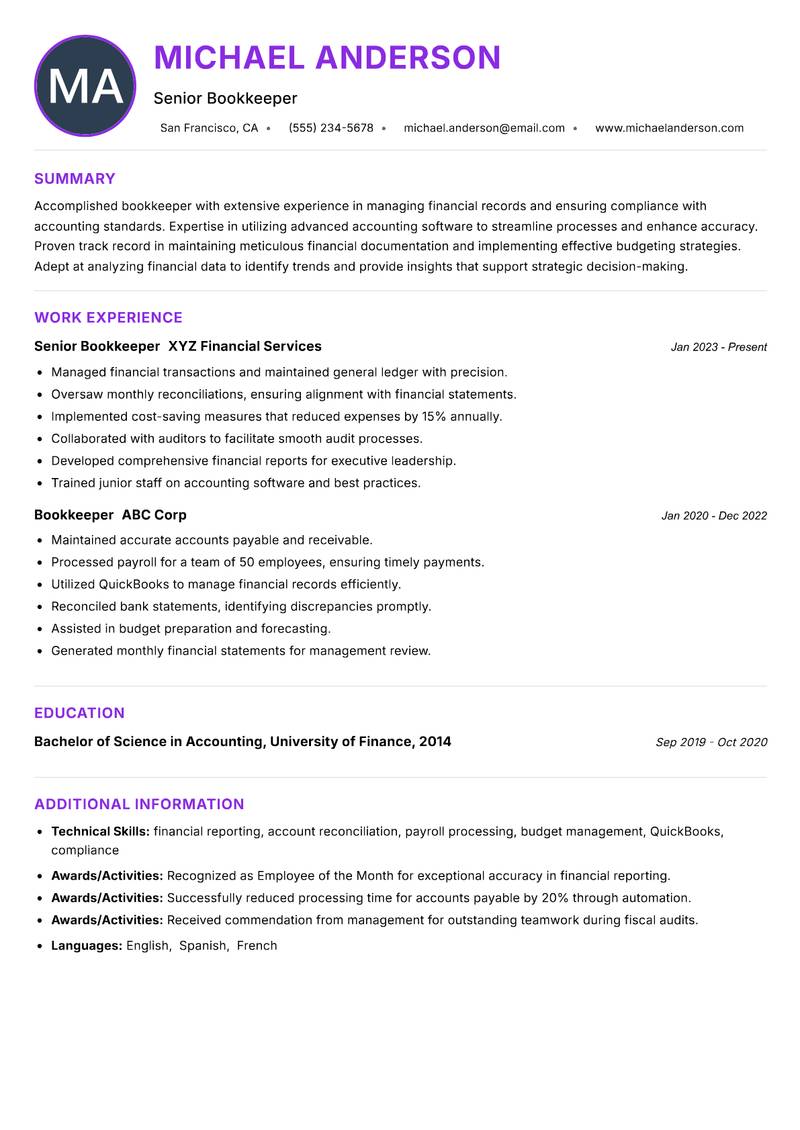 Bookkeeper resume example — ATS-friendly template