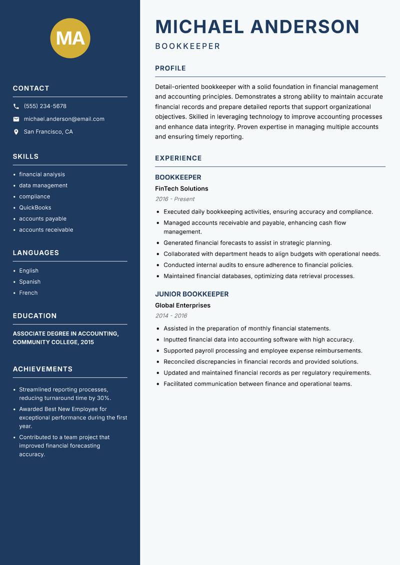 Bookkeeper resume template — Classic Clean