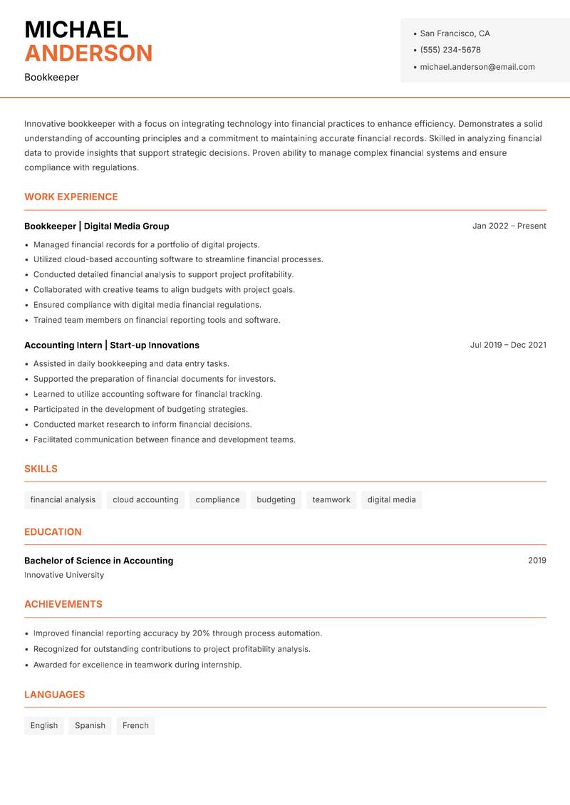 Bookkeeper resume template — Modern Professional