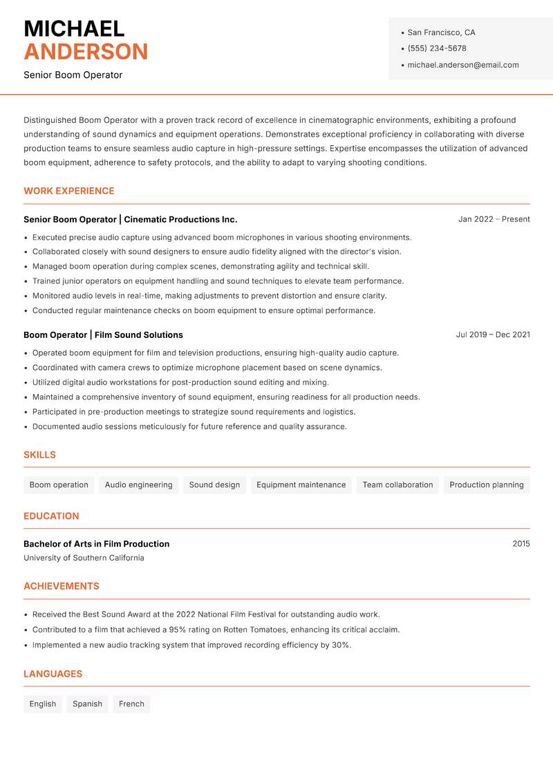 Boom Operator resume template — Modern Professional