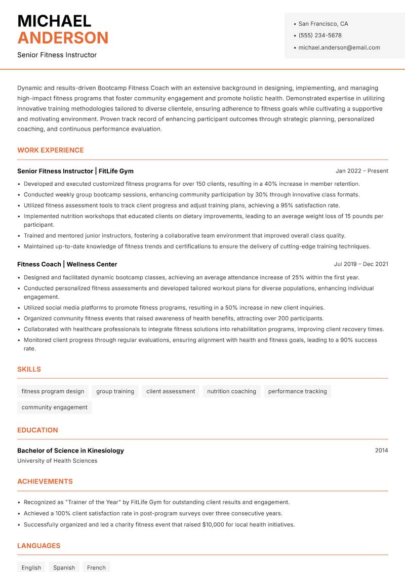 Bootcamp Fitness Coach resume template — Modern Professional